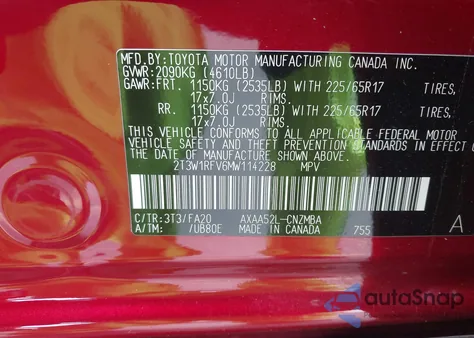 2021 Toyota Rav4 Xle z USA, uszkodzony, nr VIN 2T3W1RFV6MW114228